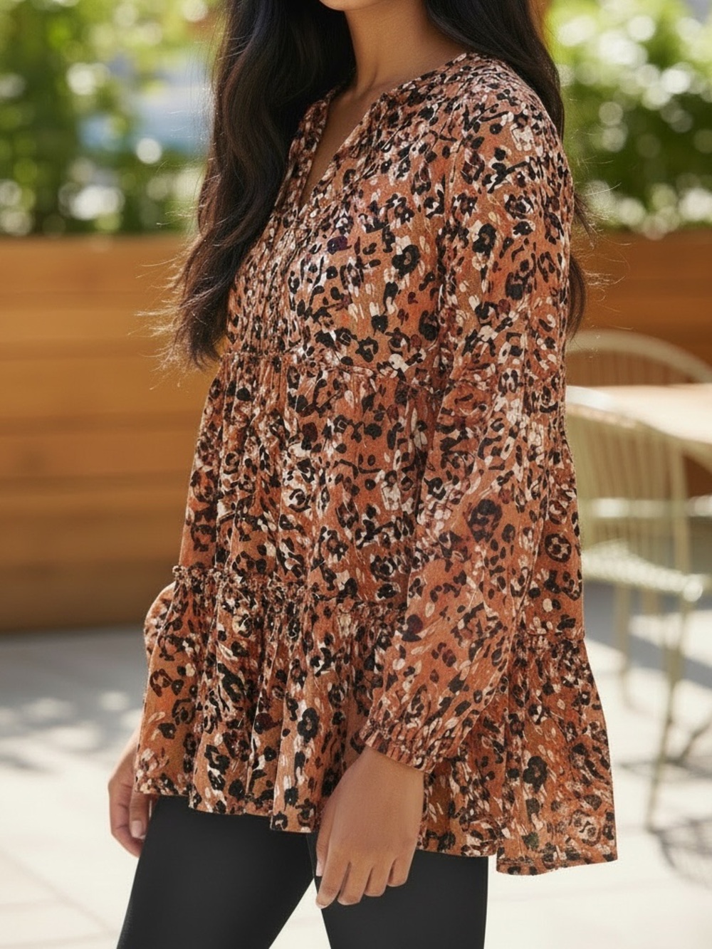 XS beachlunchlounge Rust Leopard Print V-Neck Tiered Tunic or mini dress